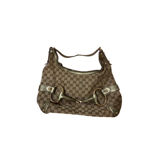 GUCCI Vintage Monogram GG Horsebit Chain Metallic Hobo Bag - Picture 1 of 11